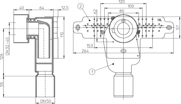 Waschtisch-Einbau-Siphon-Montagegruppe DN50 bestehend aus HL134.0, HL44 HL134.2/50